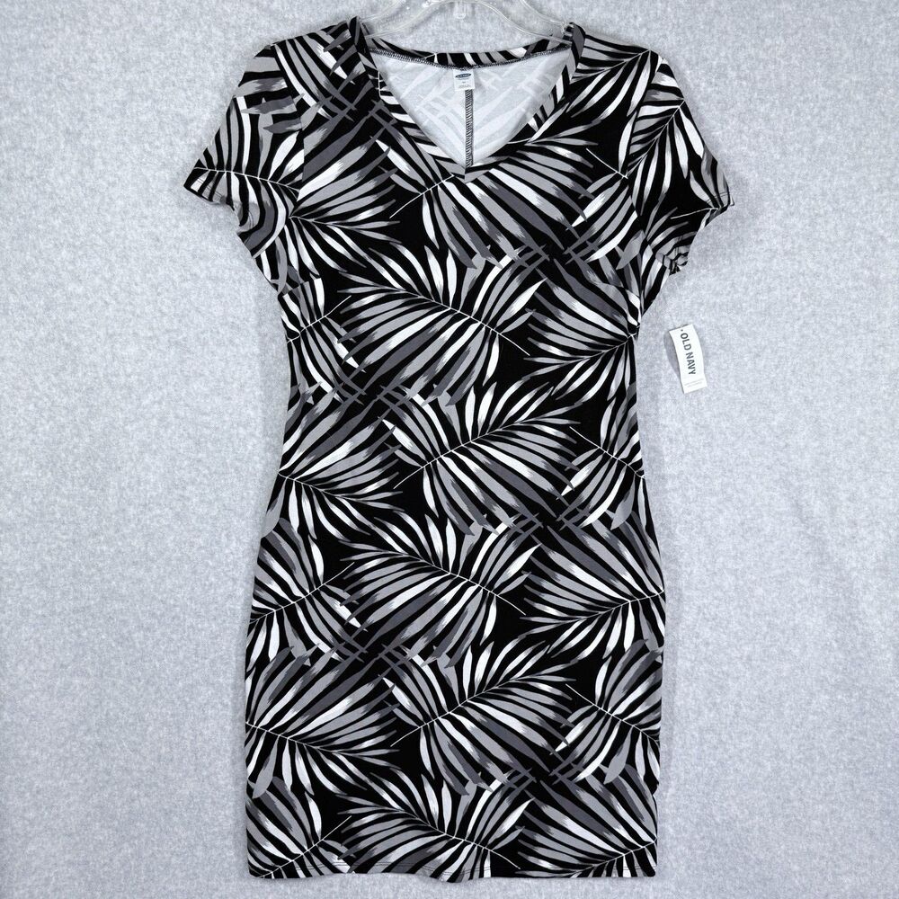 Old Navy T-Shirt Dress Women Sz M Black/Gray Palm Leaves Botanical Stretch